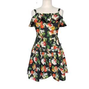 LYN AROUND Boho Apple Floral Printed Black Tiered Ruffle Mini Dress
